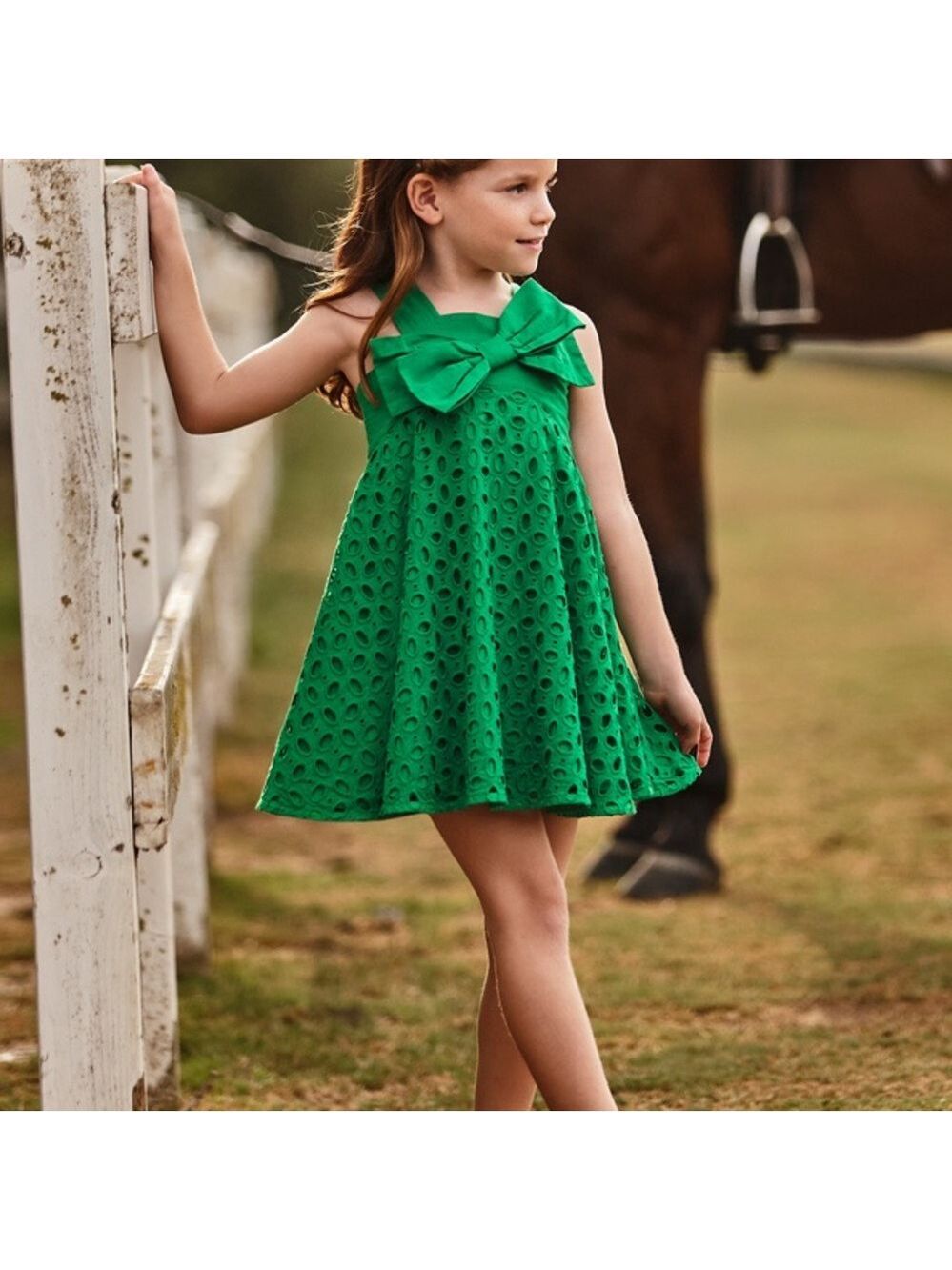 Size 7 Girls Mayoral Vibrant Green Eyelet Dress with Bow